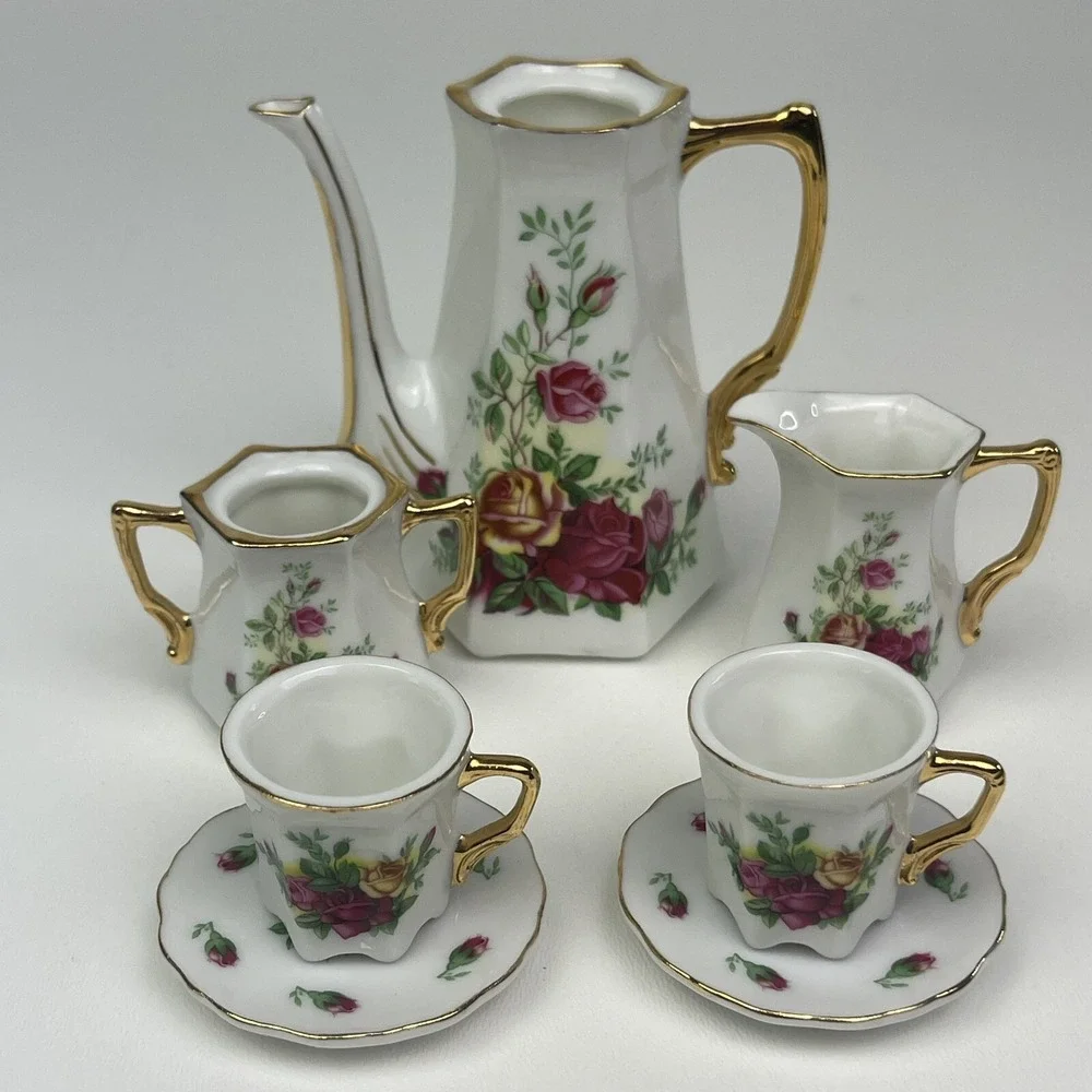 5‎ Piece Porcelain Miniature Tea Coffee Playset Floral Rose Gold Decorative Set